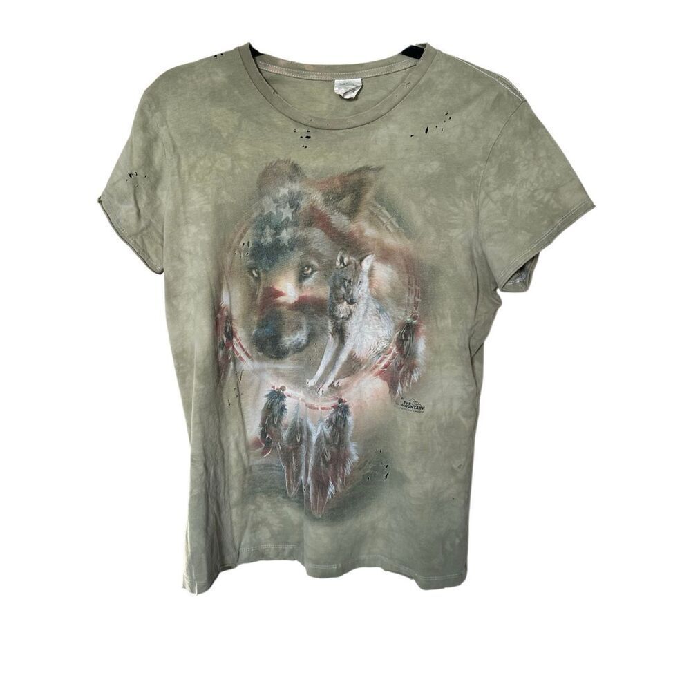 Vtg The Mountain Wolf T-Shirt Distressed Tie Dye Sage Green Large Karol G Style